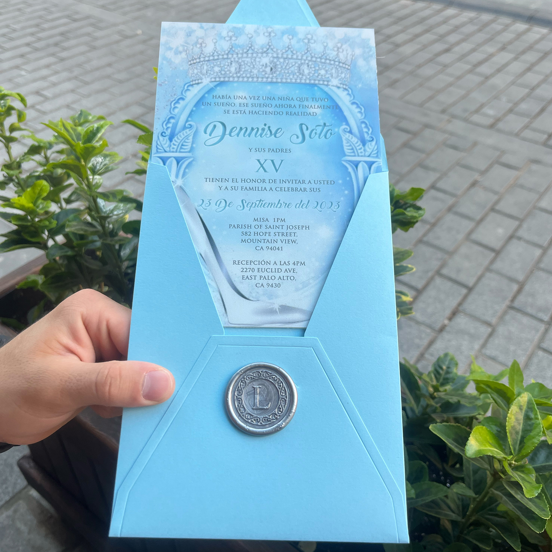 Princess themed acrylic Quinceañera invitation. Light blue envelope. UV printing. Silver wax seal